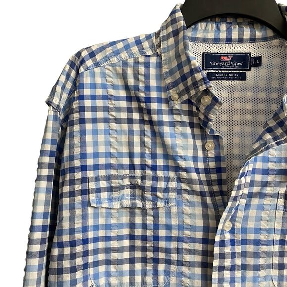 Vineyard Vines Plaid Harbor Shirt Men's Sz L Blue White Long Sleeve Vented Beach - Picture 4 of 15